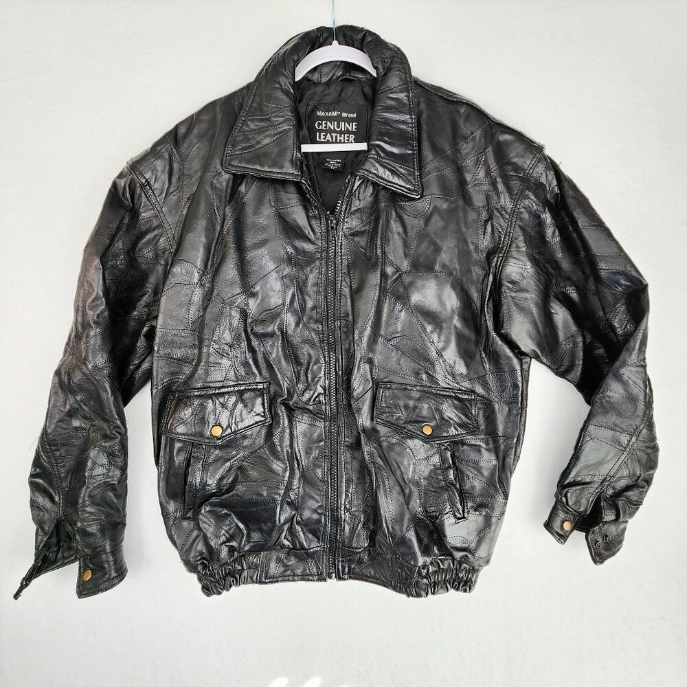 Vintage Maxam Genuine Lambskin Leather Jacket Size 2X Lined Black Bomber Mosiac